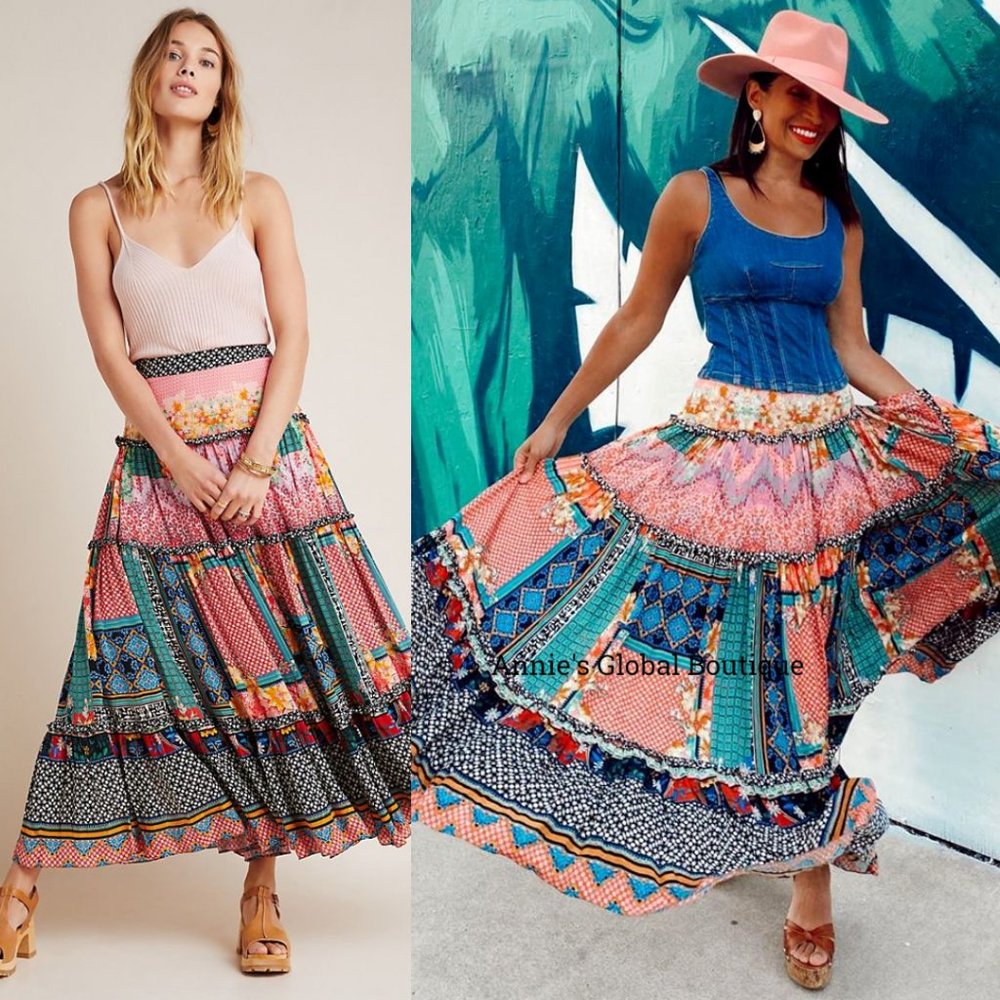 RARE NWT ANTHROPOLOGIE Bhanuni by Jyoti Celina Tiered Maxi Skirt. Size 0 - Picture 11 of 14